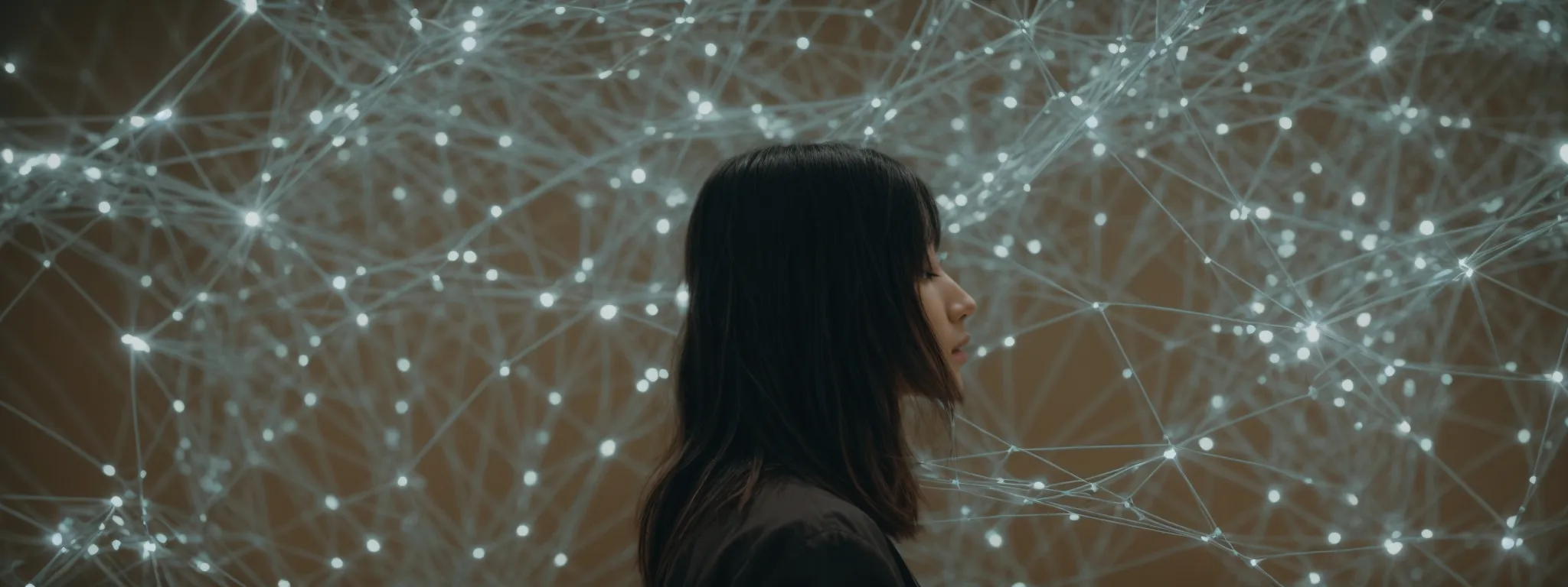 a person interacting with a giant, abstract representation of a search engine interface amidst a network of interconnected digital nodes.