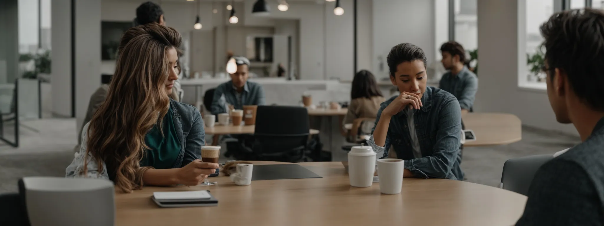a content strategist and an seo expert discuss strategies over a coffee at a minimalist-designed workspace, with a clear focus on a collaborative environment devoid of clutter.