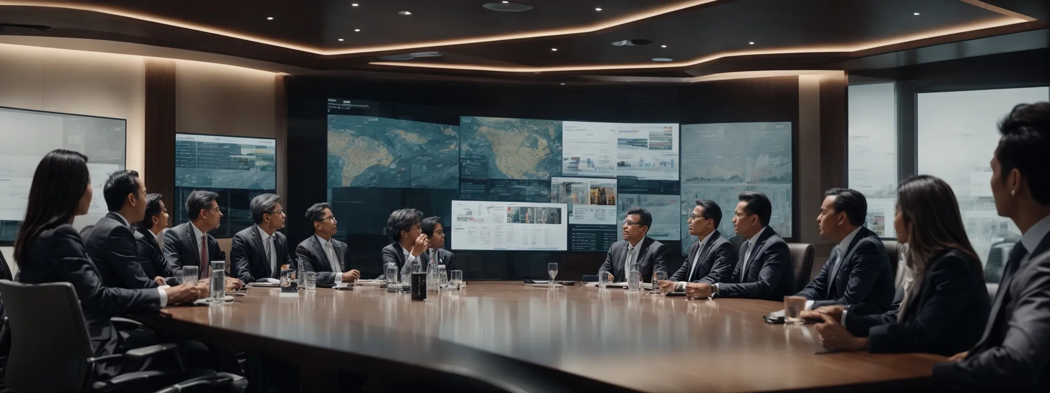 a dynamic boardroom meeting with enterprise leaders discussing digital strategies using a large screen displaying web analytics and seo metrics.
