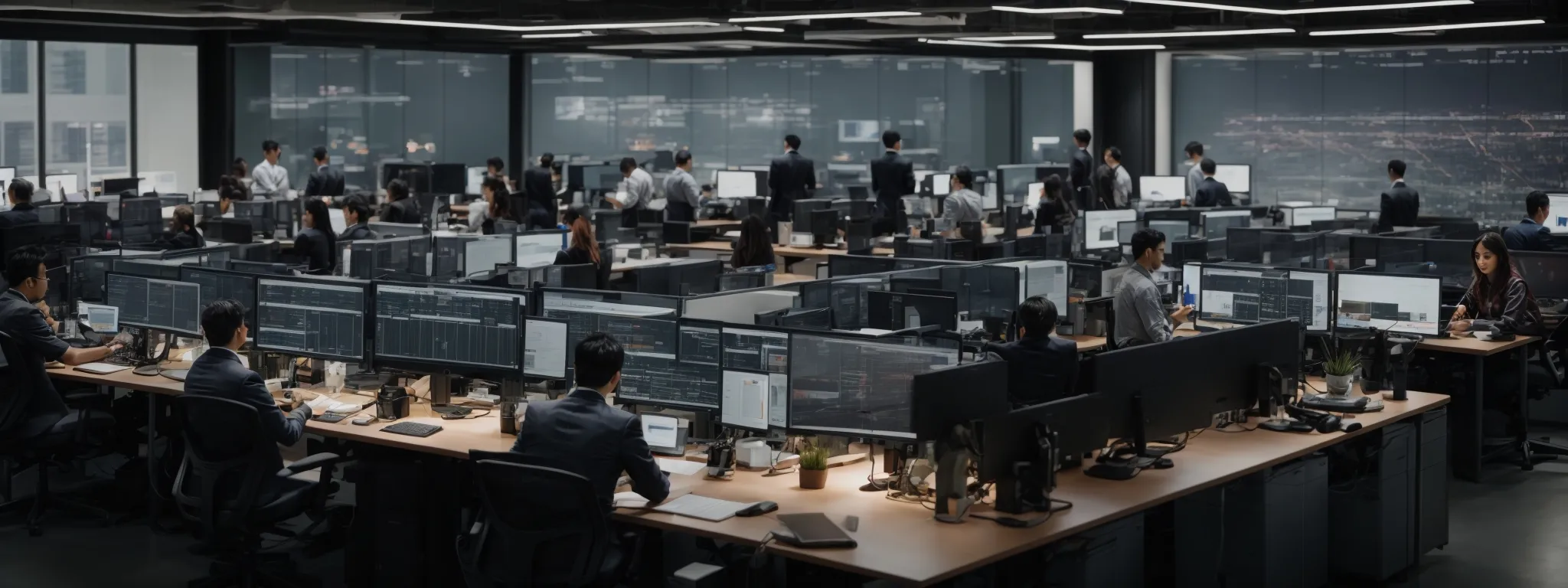a sprawling office space filled with diverse employees collaborating around large monitors displaying complex data visualizations.