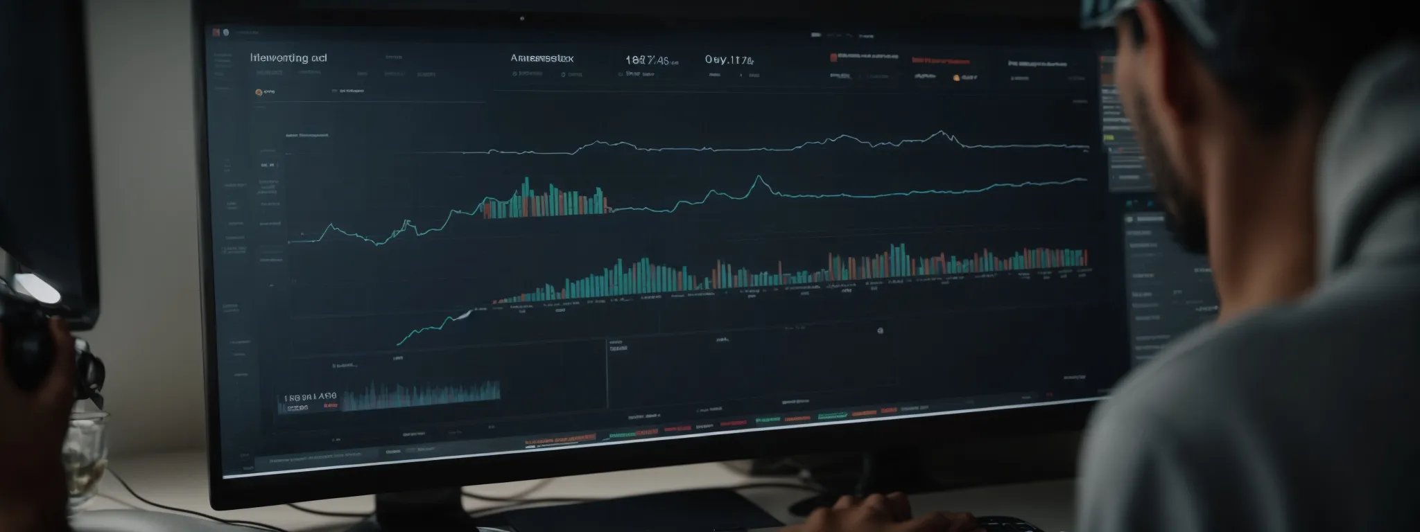 a digital marketer analyzes a computer screen displaying a website's analytics dashboard with visible graphs and traffic data.