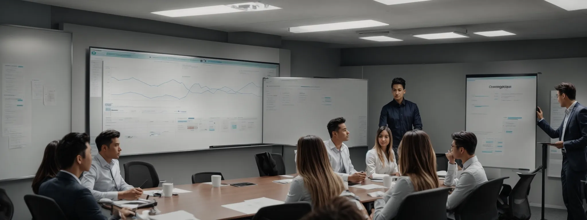 an office meeting room with a large whiteboard depicting seo strategies and performance graphs, with marketers discussing a campaign.