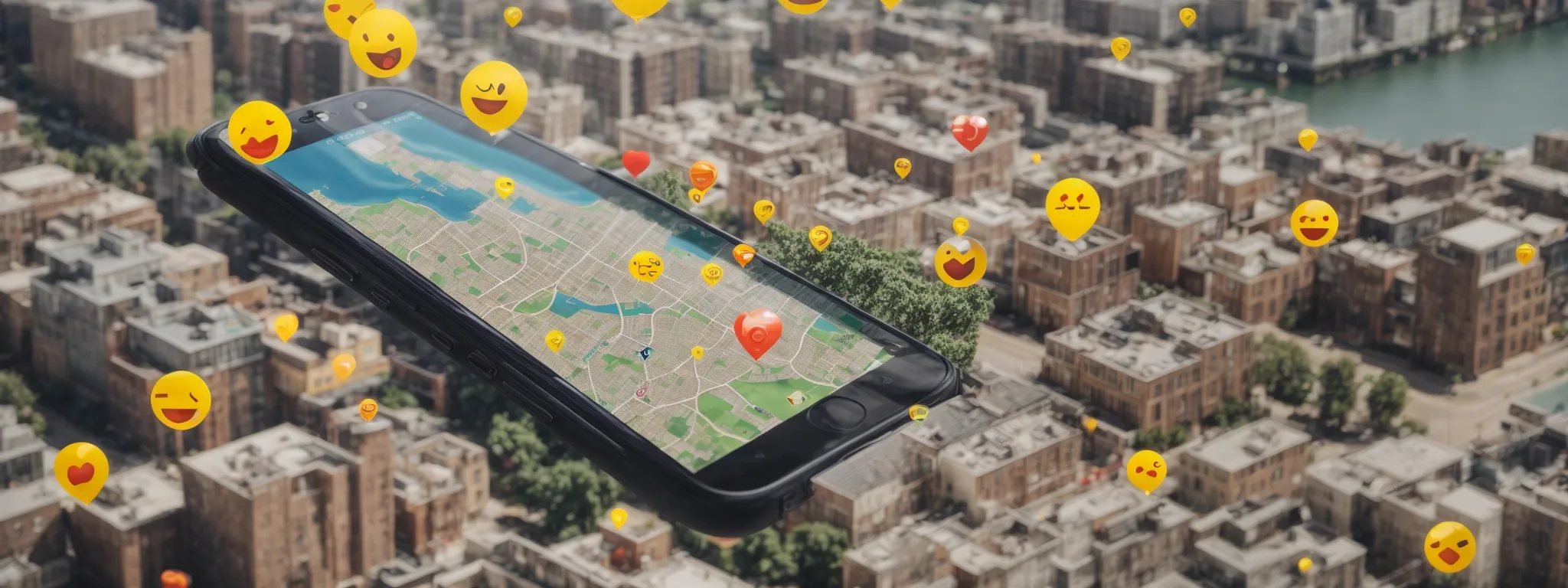 a smartphone displaying a map with various emoji icons pinpointing local businesses around a city.
