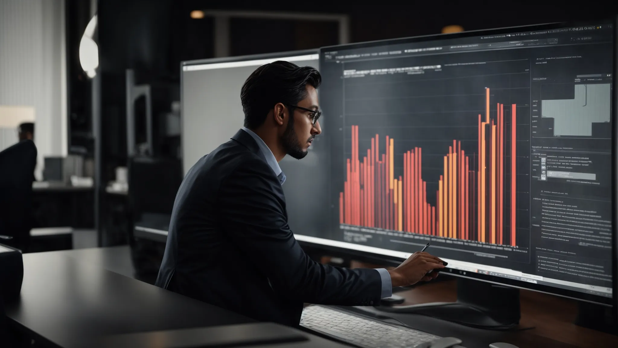 a marketer analyzing a graph reflecting search engine rankings on a computer screen in a modern office setting.