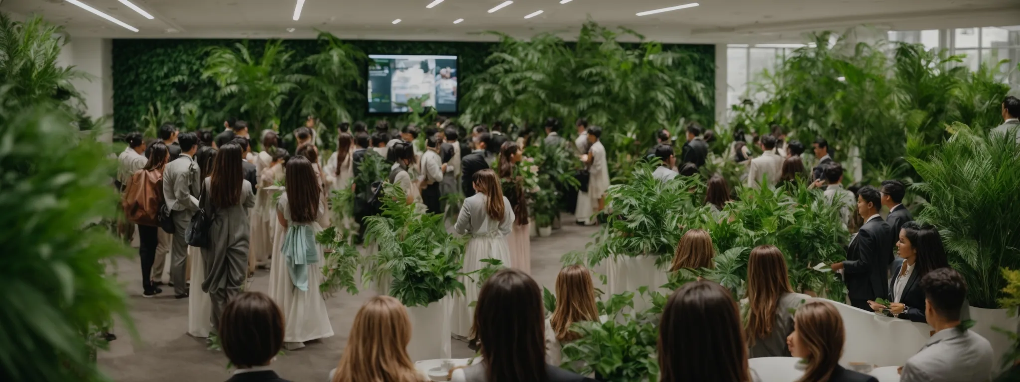 a group of people mingle in a bright conference hall adorned with green plants and wellness product displays.