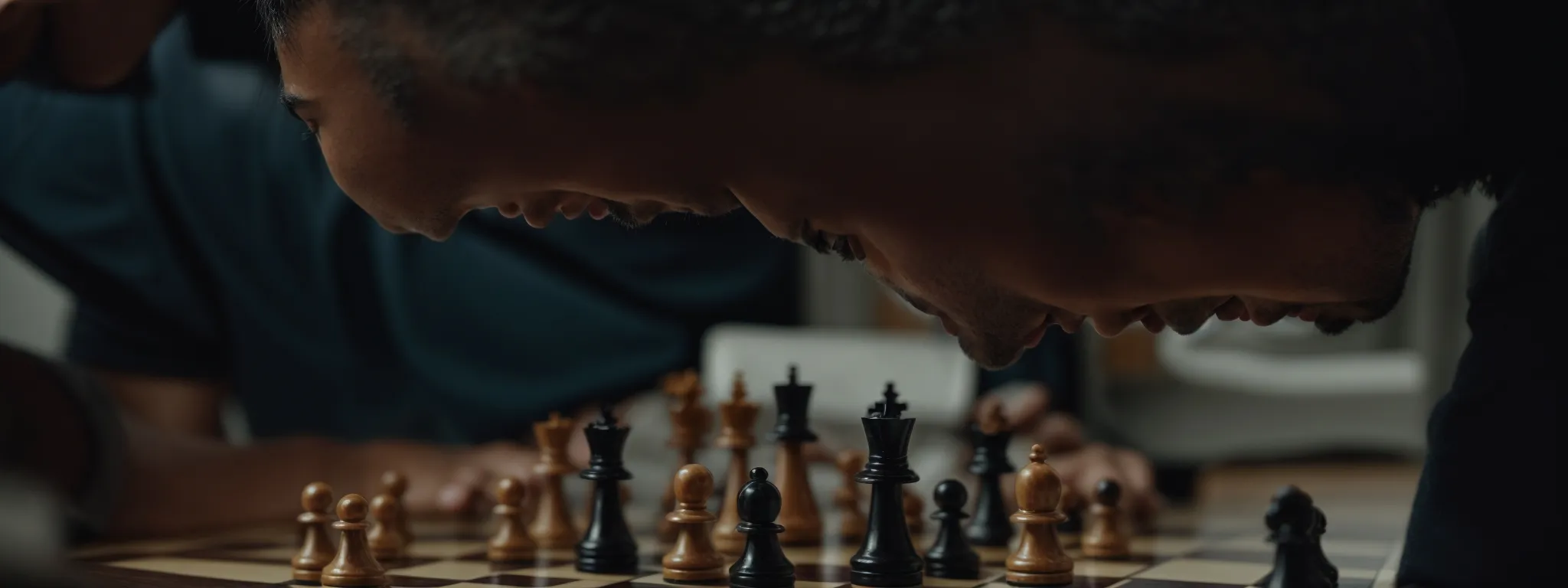 a chess player intently analyzing the board represents strategic planning analogous to analyzing competitor serps in seo. 