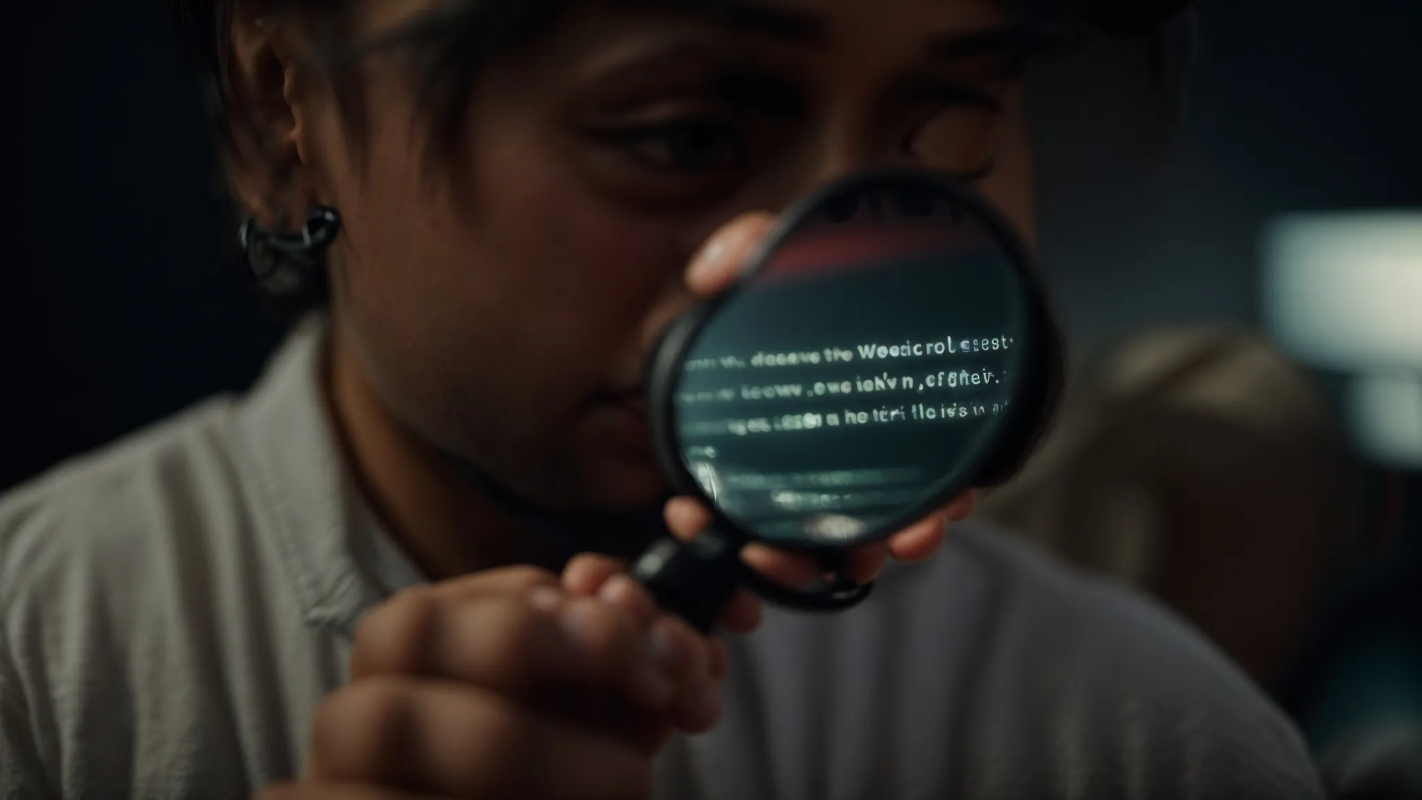a person intently focusing on a bright computer screen with a magnifying glass highlighting a snippet of text.