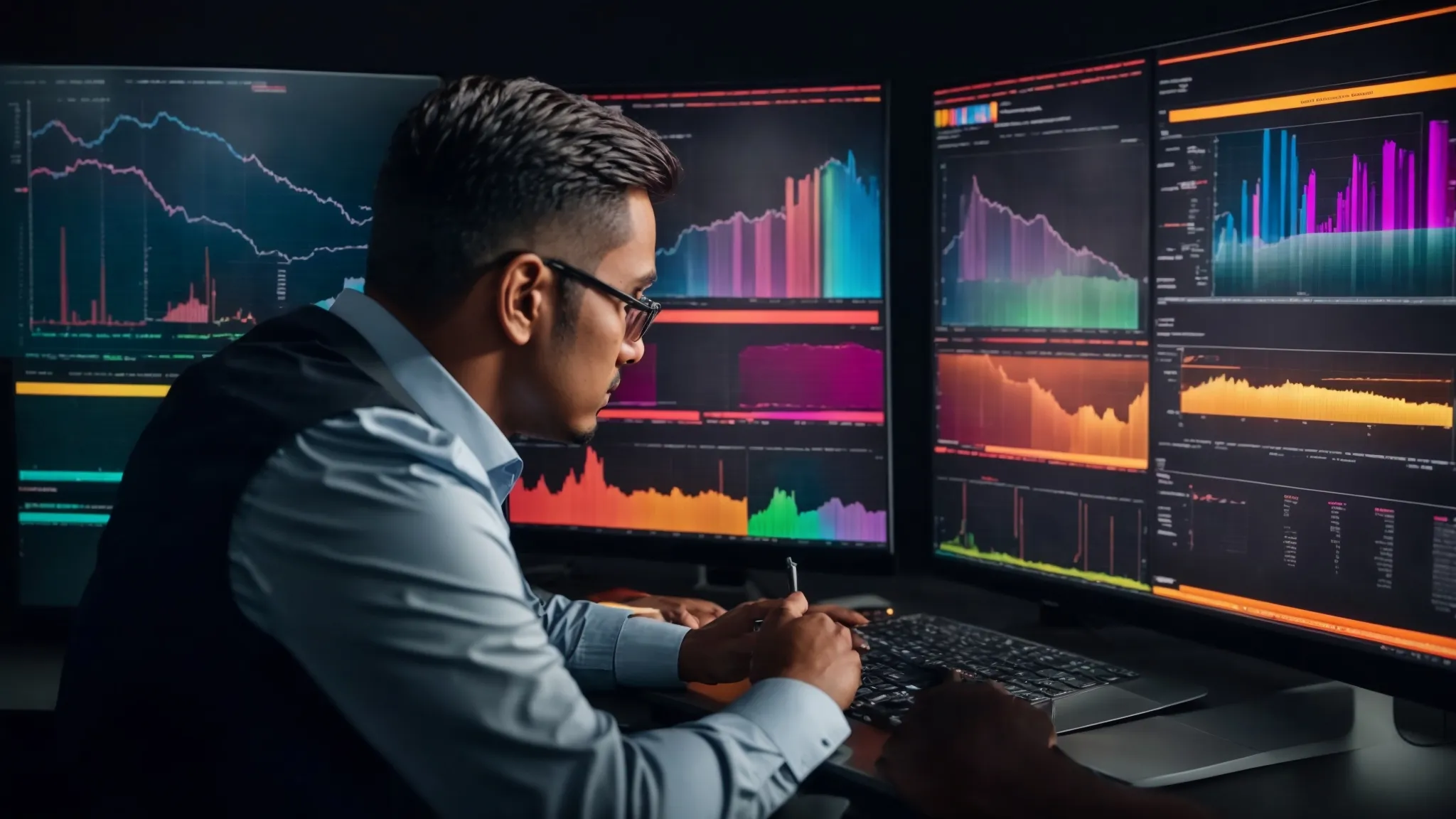 a business executive analyzing colorful graphs and charts on a large screen that reflect website traffic and search engine rankings.