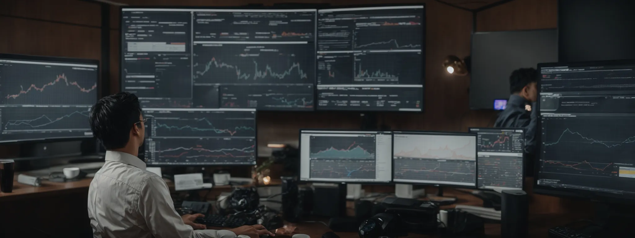 an seo expert analyzes a multi-layer dashboard displaying website traffic trends, seo metrics, and search engine positions on a large monitor in a modern office.