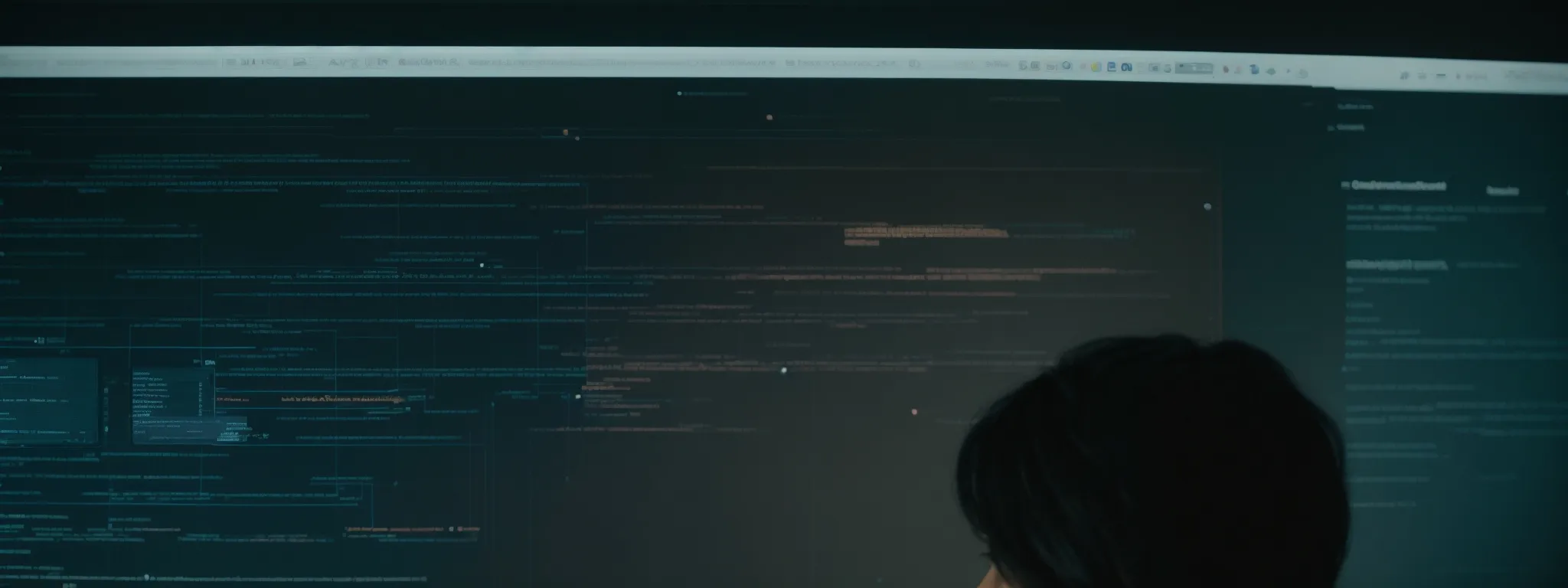 a person contemplates a layered interface on a computer screen, symbolizing the integration of an seo toolbar with browser features.