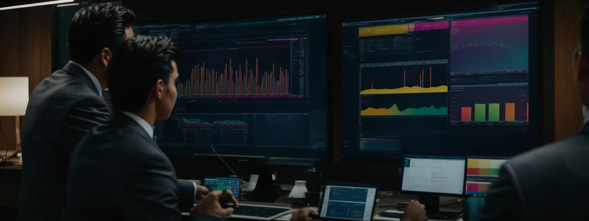 a group of marketing professionals gathered around a large computer monitor, reviewing a colorful analytics dashboard.