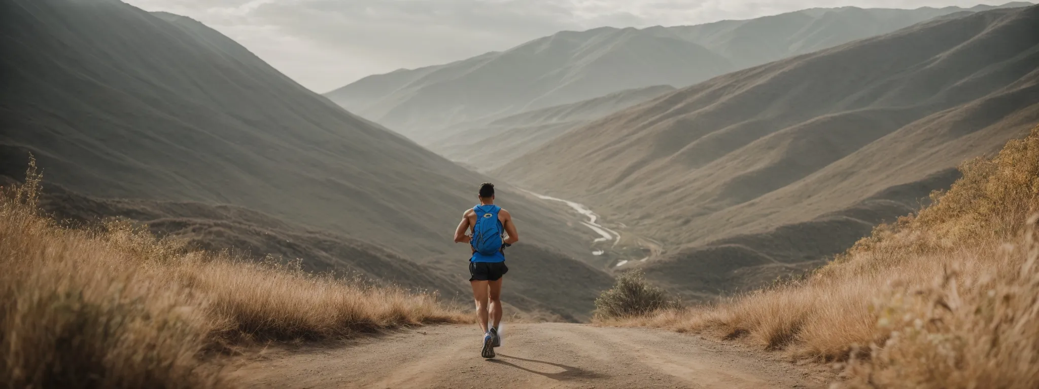 a marathon runner steadily pacing towards a distant finish line through a scenic route, symbolizing endurance and long-term strategy.