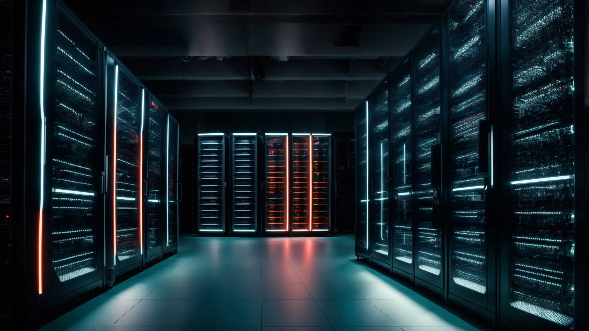 rows of server racks in a clean, well-organized data center with glowing led lights indicating activity.