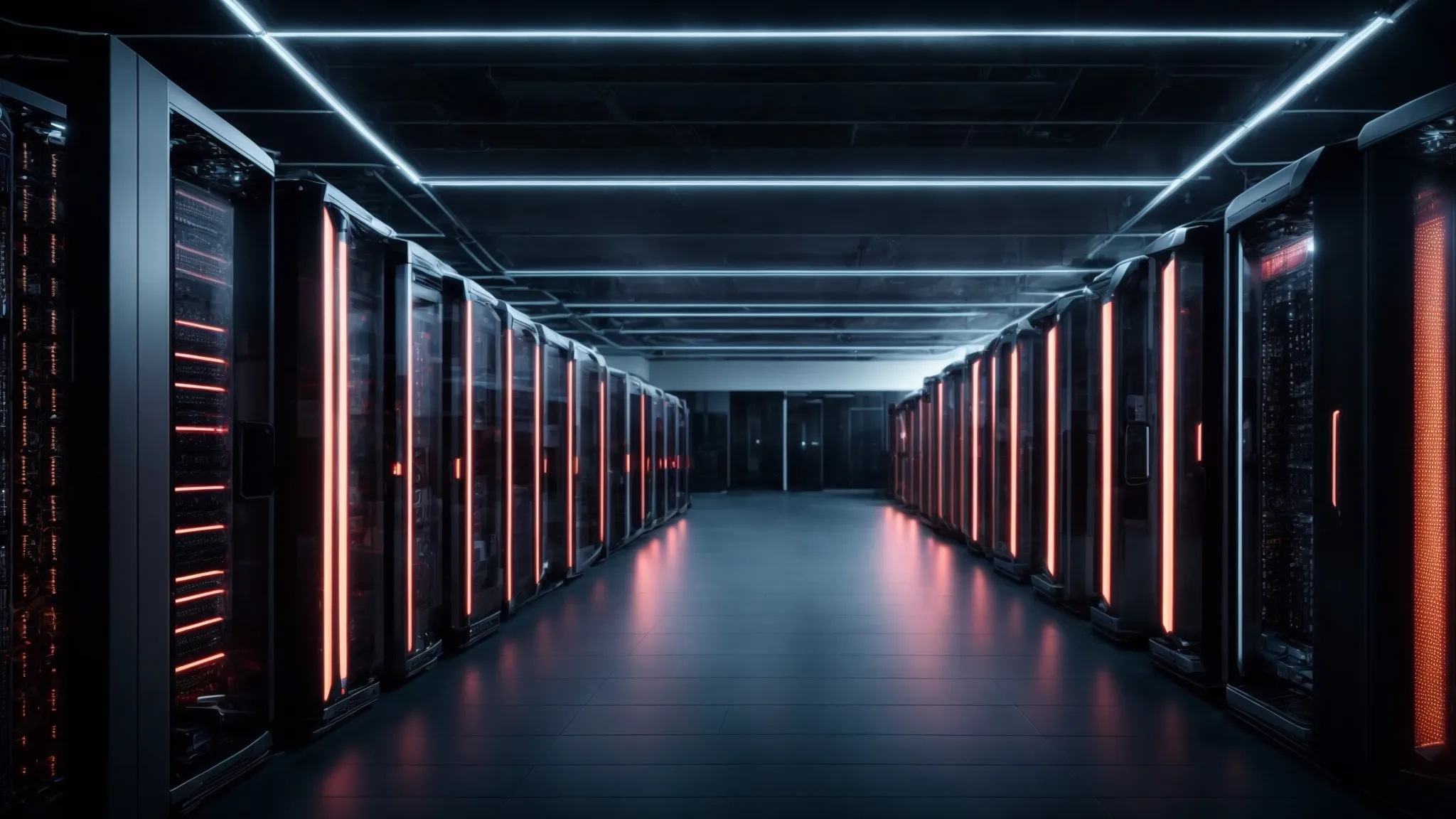 a futuristic data center with rows of high-tech server racks and glowing led lights, symbolizing advanced technology and the ever-evolving landscape of seo.