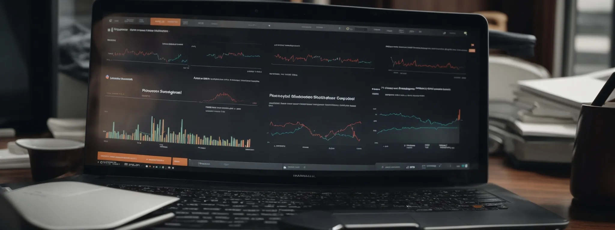 a laptop open on a digital marketing analytics dashboard showing seo performance graphs and customer engagement metrics.