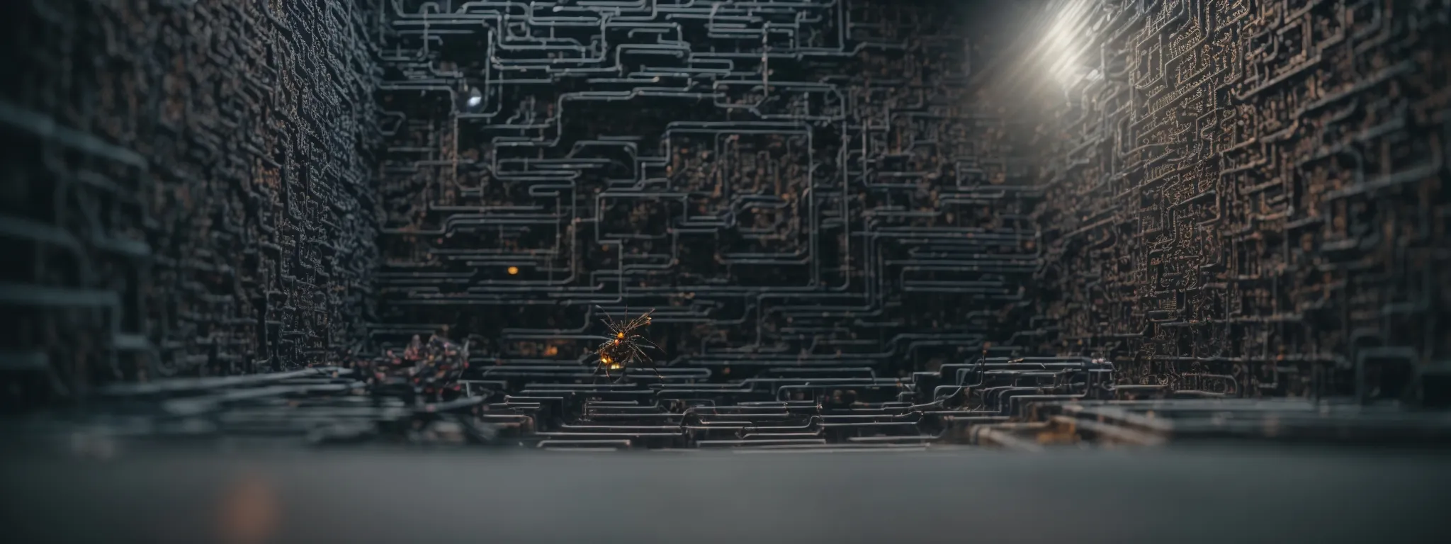 a digital maze with robot spiders navigating through pathways defined by walls of code.