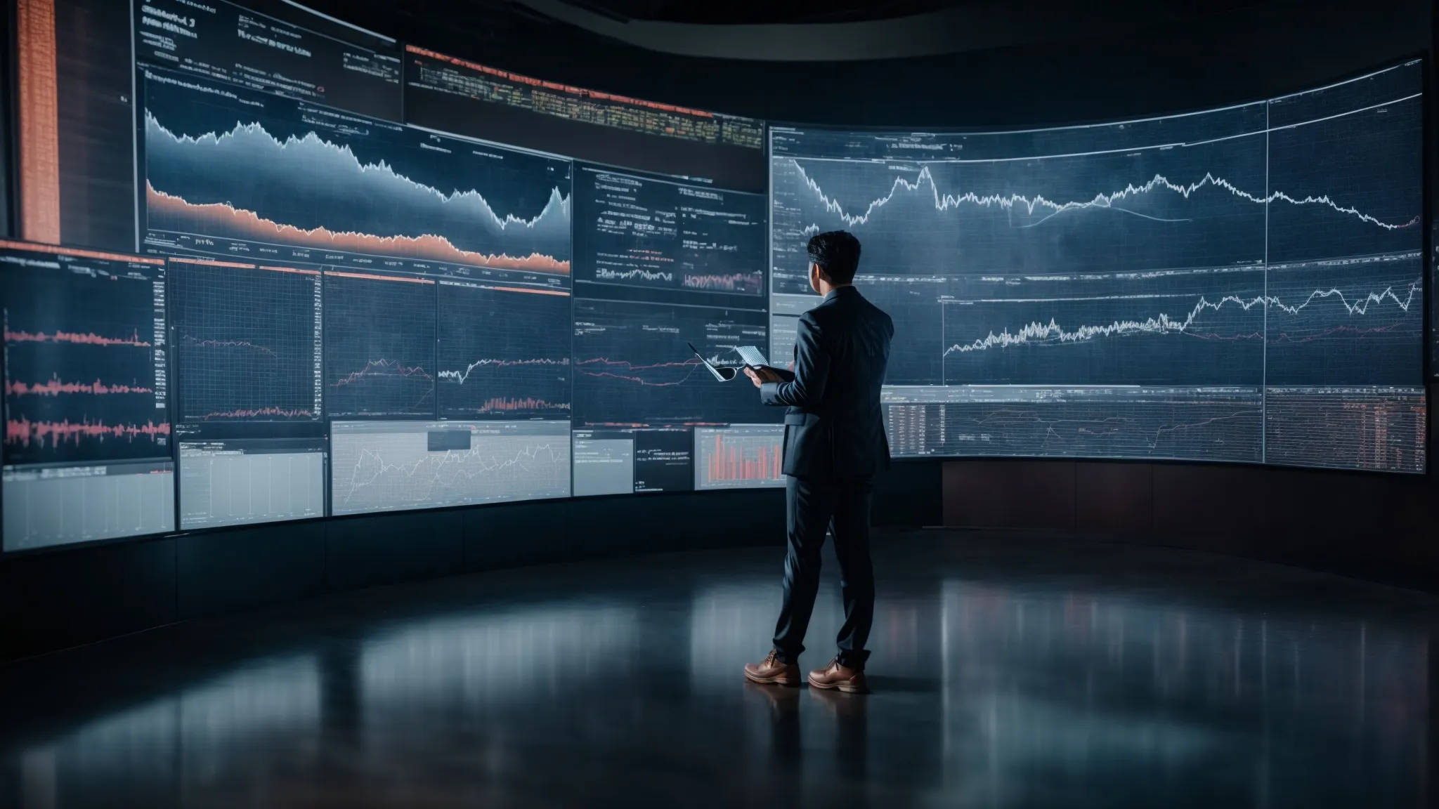 a person examining data analytics on a large screen with digital marketing graphs and website traffic statistics.