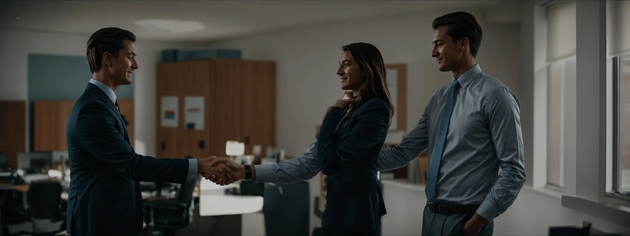 two professionals shaking hands in a bright office, symbolizing the beginning of a partnership.