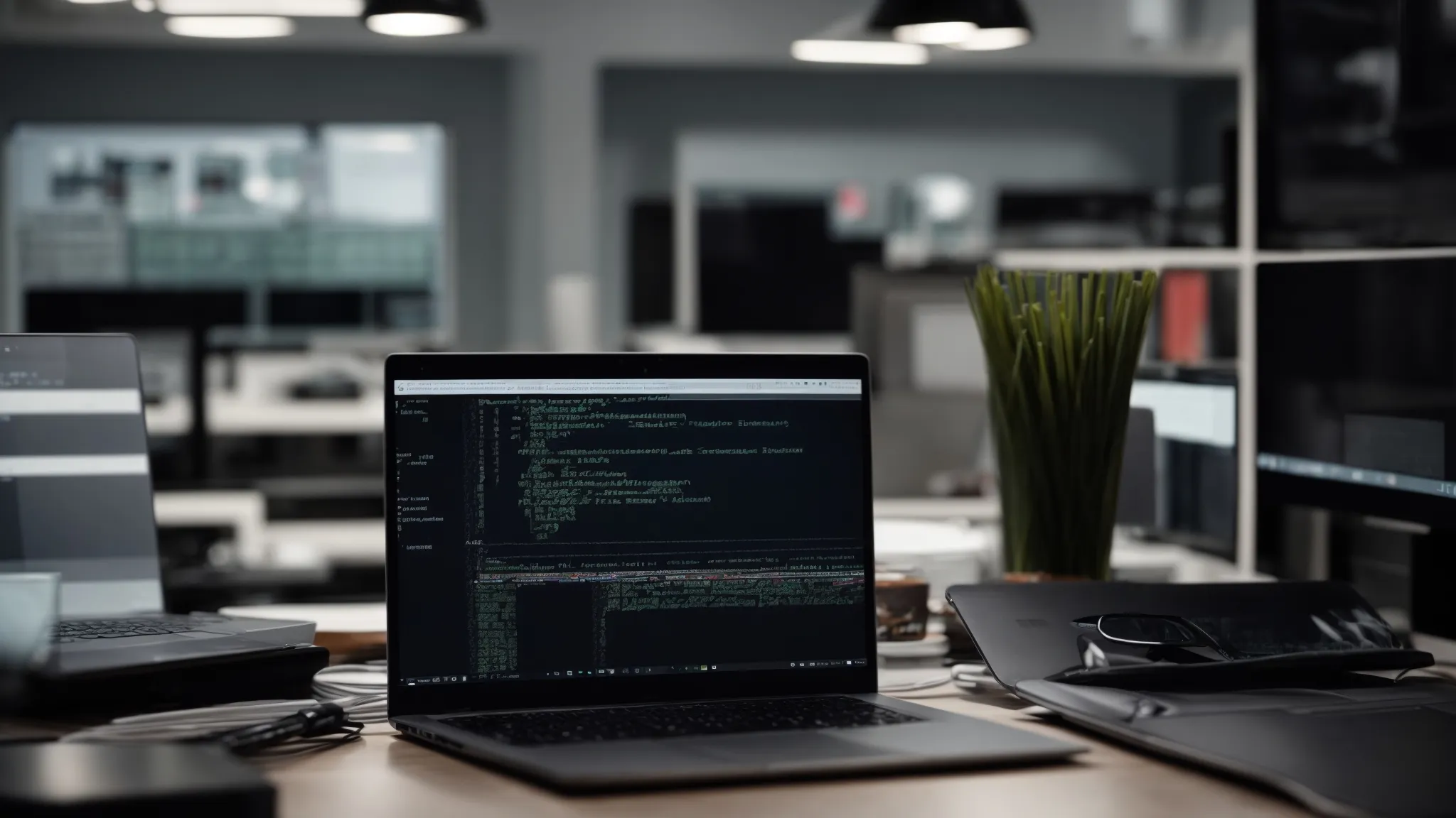 a laptop with coding software open on the screen set amidst a quiet office environment.