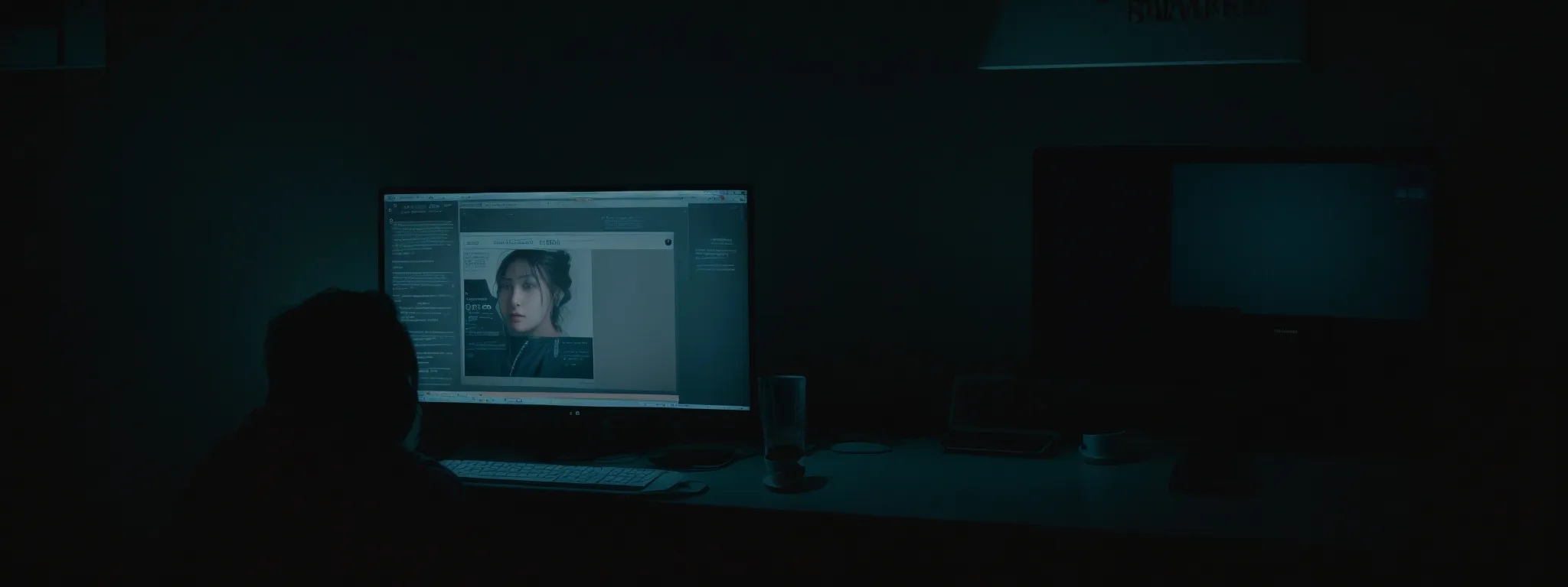 a person with an illuminated face is intently reading captivating headlines on a computer screen in a dark room.