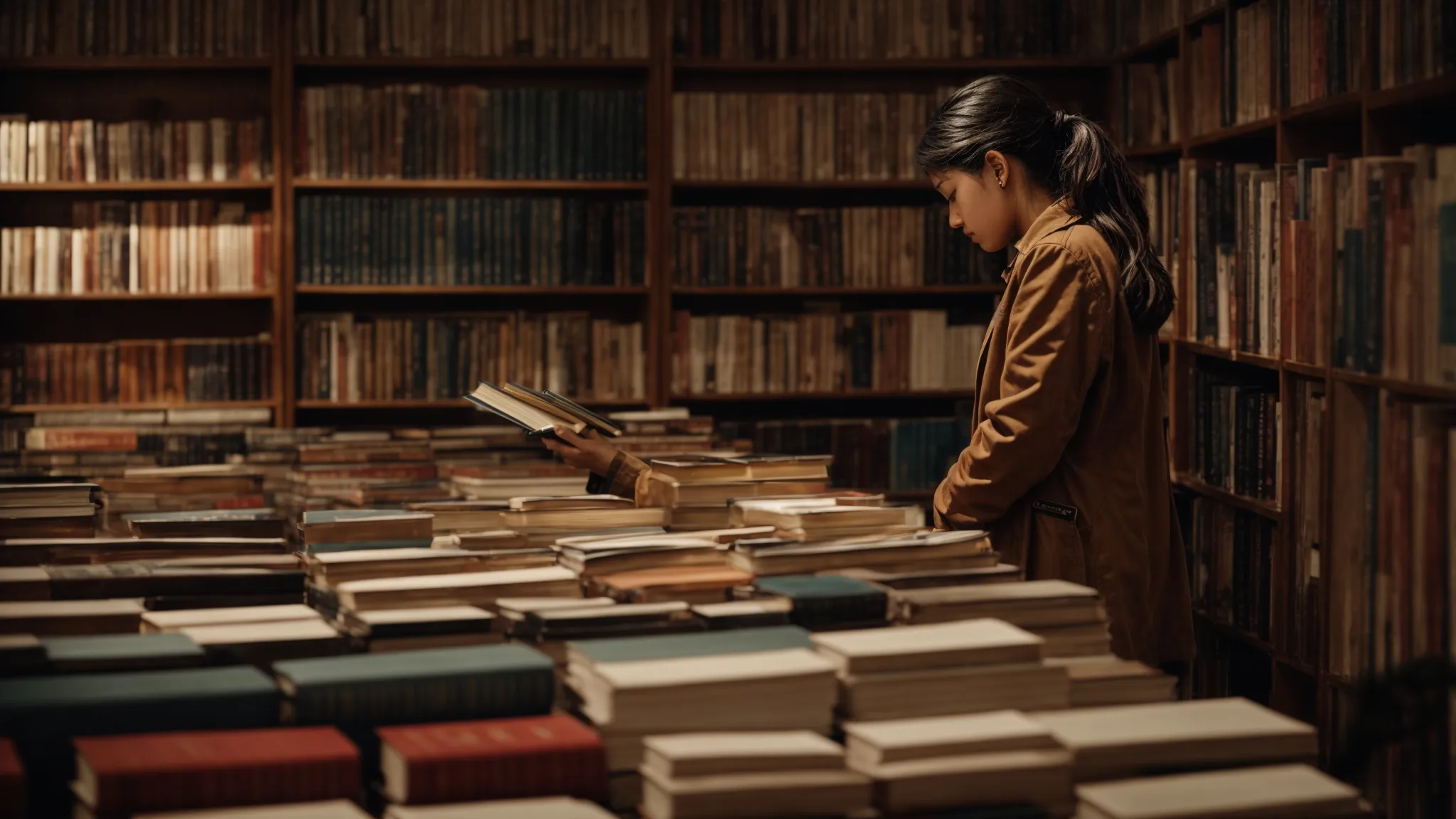 a librarian meticulously arranging books on a shelf according to genre and relevance.