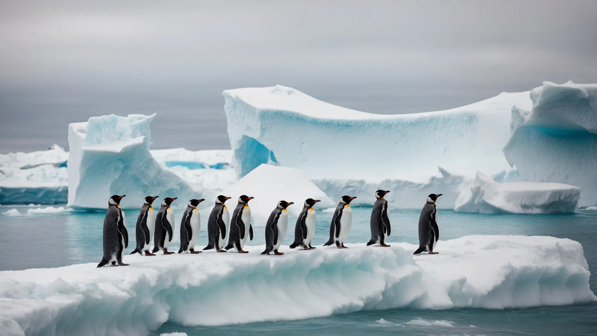a group of penguins standing on an iceberg, using a telescope to look into the distance.