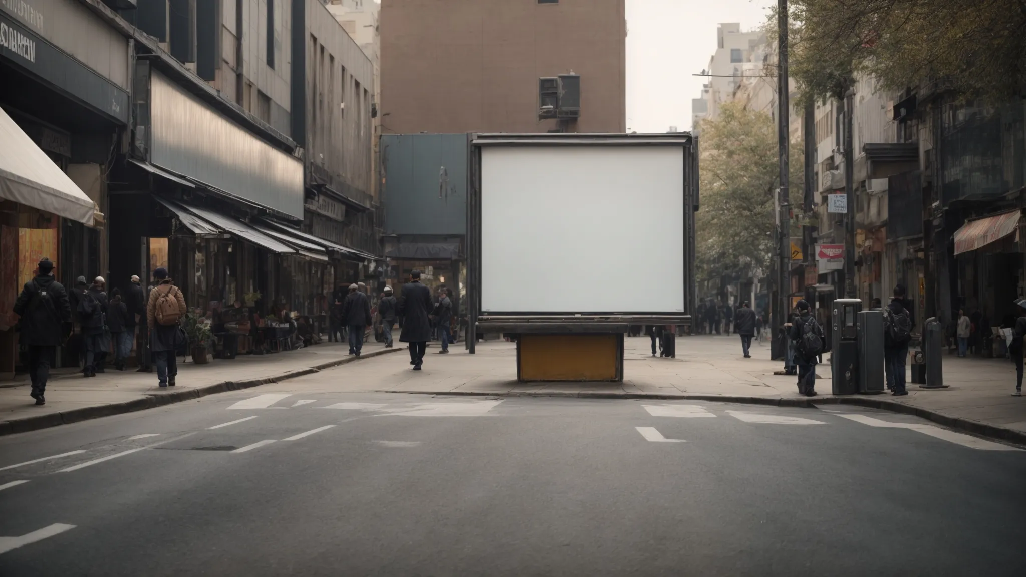 a blank billboard stands in the middle of a bustling street, untouched by advertisers and ignored by passersby.