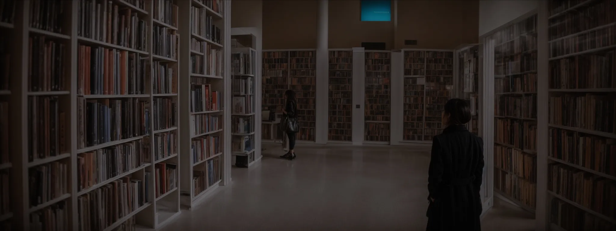 a person standing at the entrance of a vast library, pondering which book to select from a section labeled 