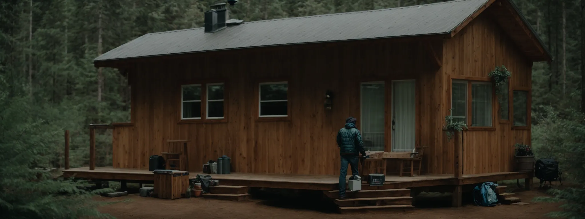 a traveler is inspecting a pristine, cozy vacation cabin nestled in the woods.
