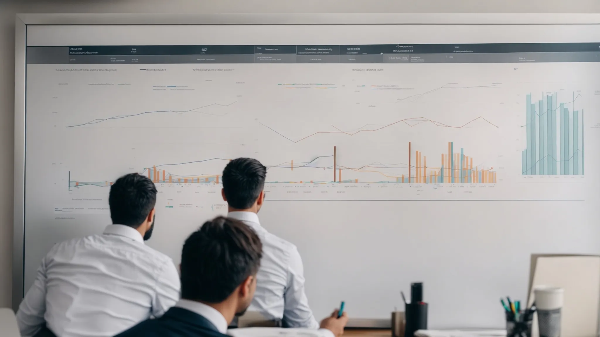 a marketing team analyzes graphs highlighting traffic sources and roi projections on a whiteboard.