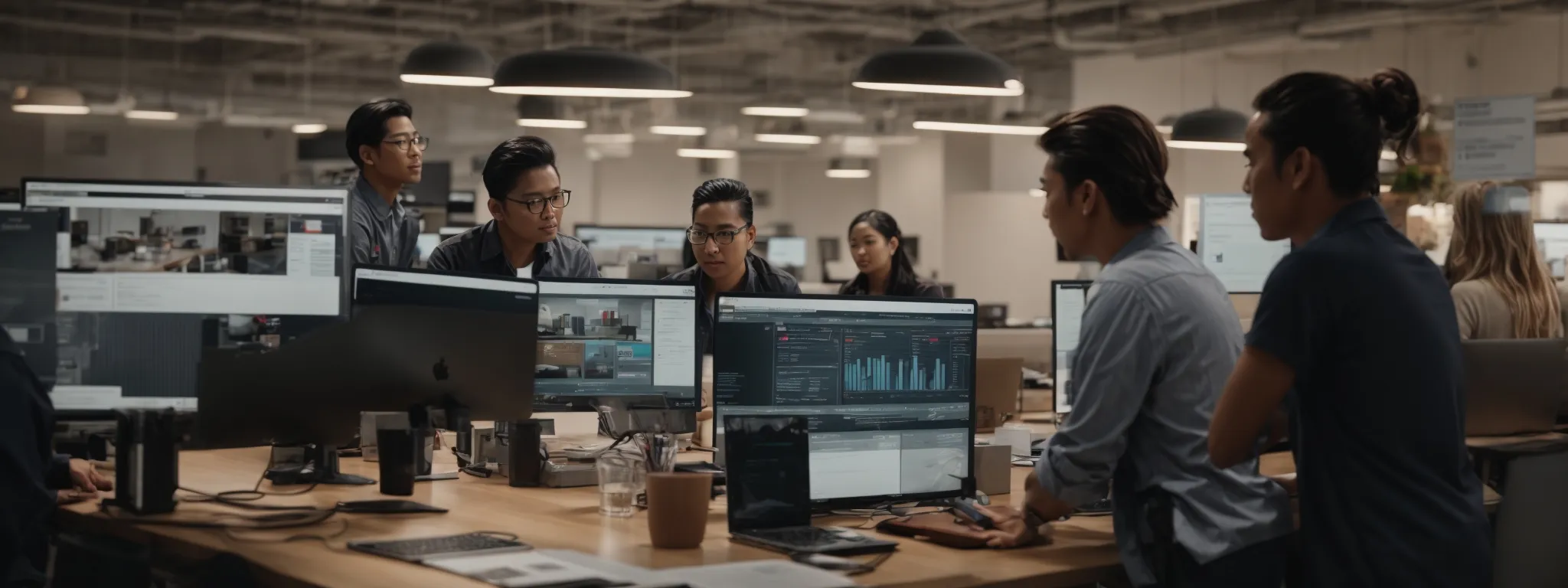 a bustling ecommerce office with team members discussing a content strategy beside a computer displaying a woocommerce dashboard.