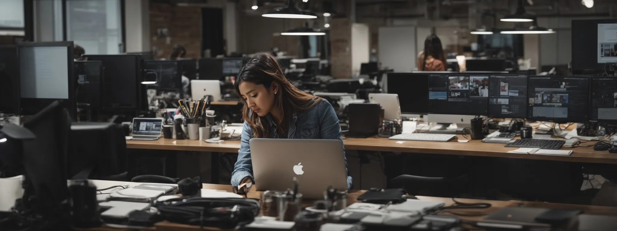 a social media manager for a non-profit organization strategizes at a workspace filled with multiple digital devices, symbolizing a coordinated seo and social media campaign.