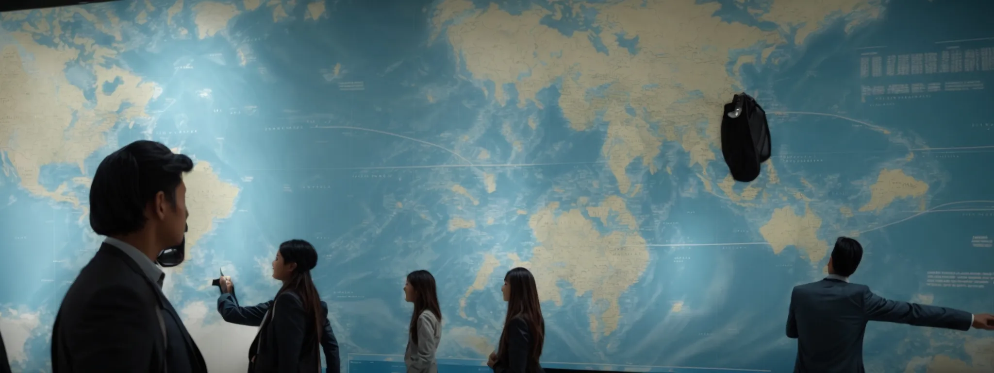 a diverse group of people engaging with a large interactive world map displayed on a sleek digital touchscreen wall.
