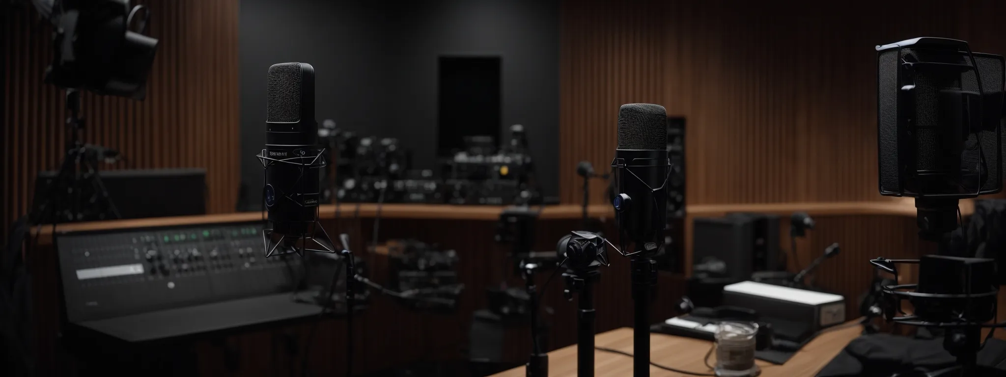 a microsoft podcast recording studio with professional microphones set up, ready for an episode on advertising feedback.