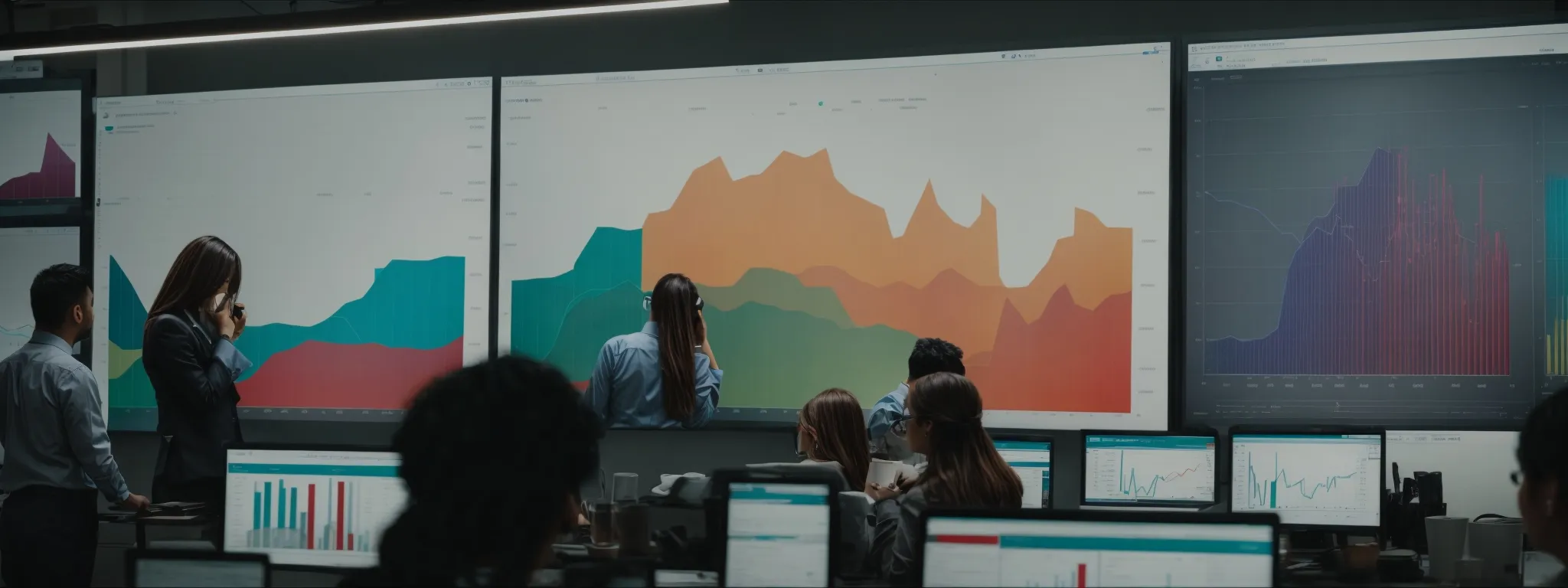 a professional in an office points to a large screen displaying colorful charts and graphs while colleagues observe.