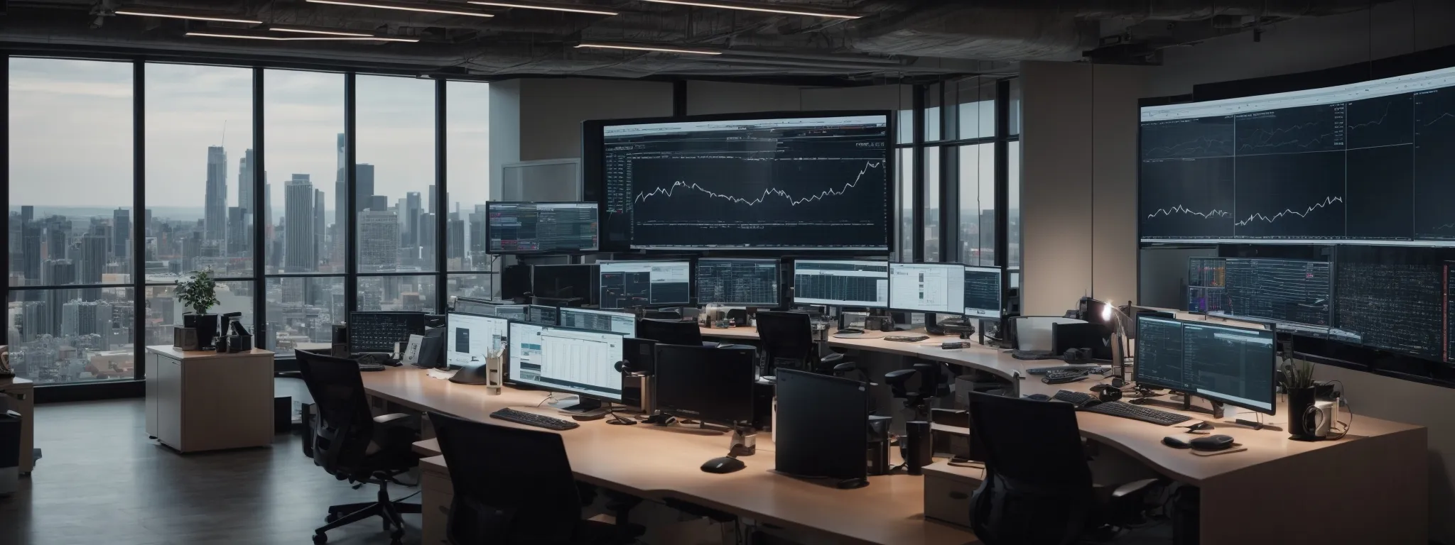 a panoramic view of a sleek, modern office space with multiple computer monitors displaying graphs, analytics, and website data.