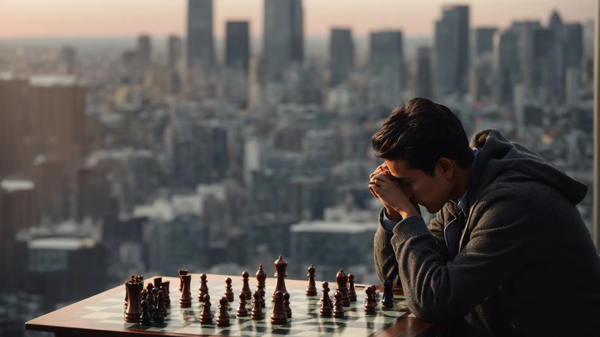 a chess player contemplatively making a strategic move on a chessboard against a blurred city skyline backdrop.