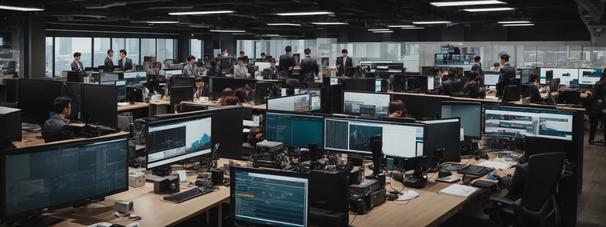 a panoramic view of a bustling digital marketing office with diverse professionals strategizing around computers displaying analytics graphs.