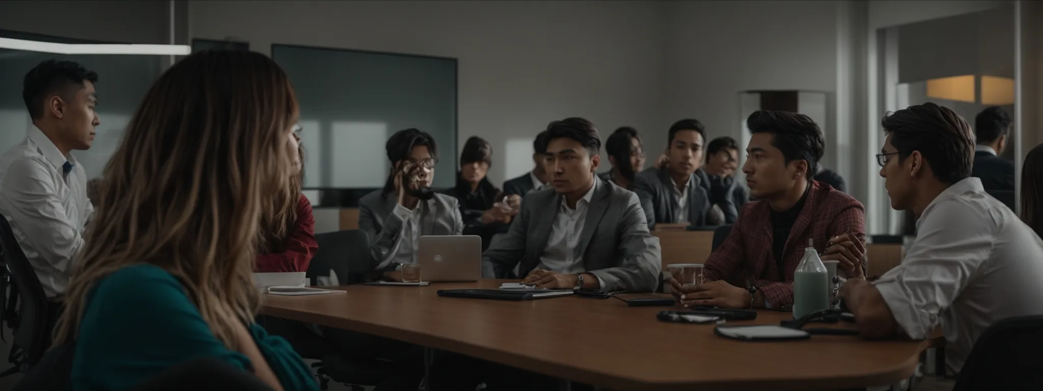 a group of concerned seo professionals gathers in a conference room, engaged in a heated discussion over the latest google algorithm update.
