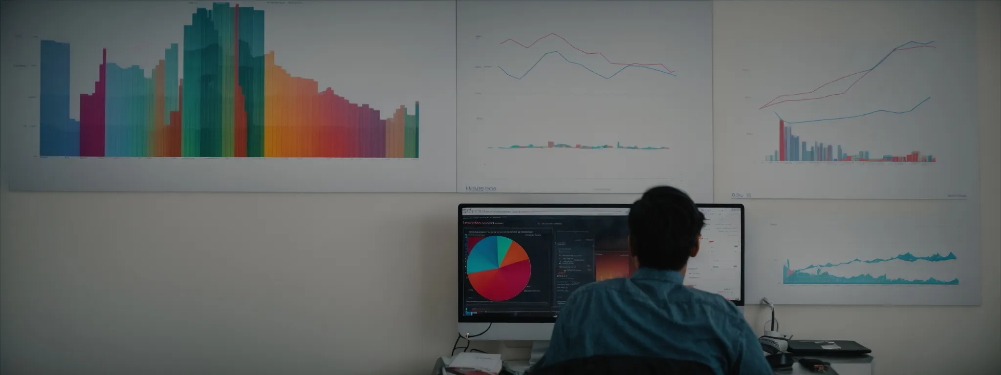 a person quietly studies a series of colorful graphs on a computer screen, reflecting the analytics of website performance.