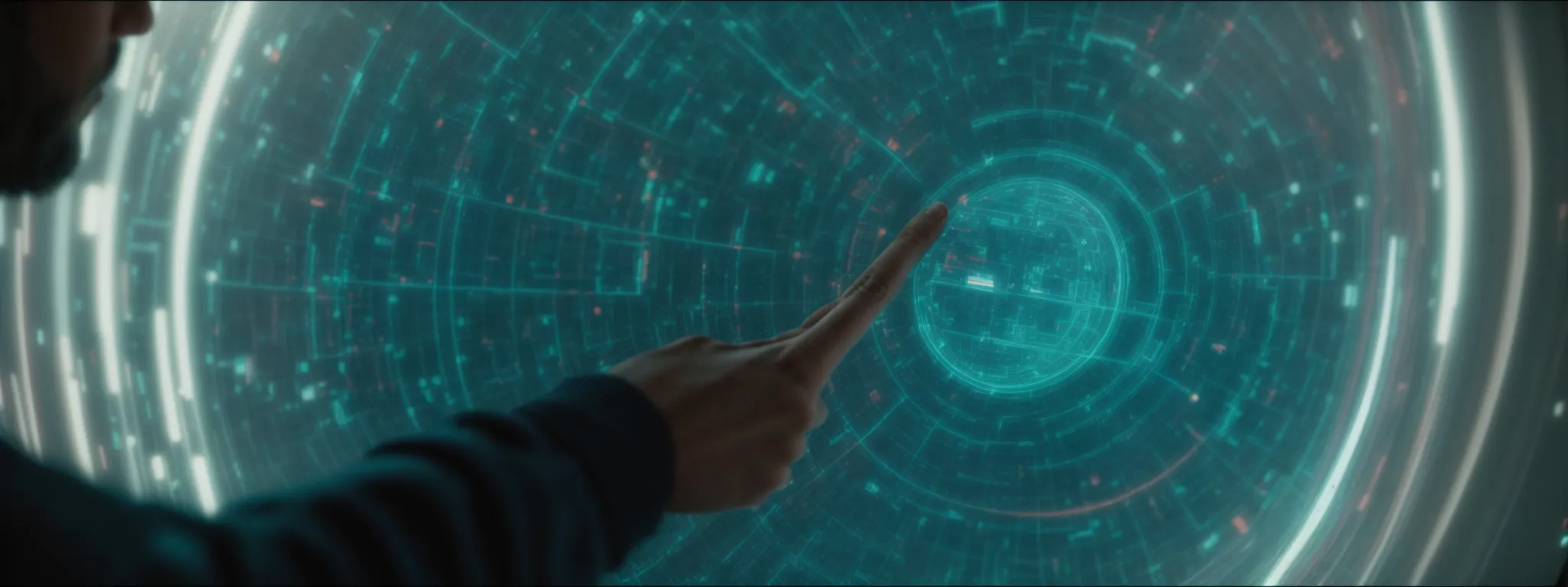 a person interacts with a futuristic holographic touch interface representing advanced search technology.