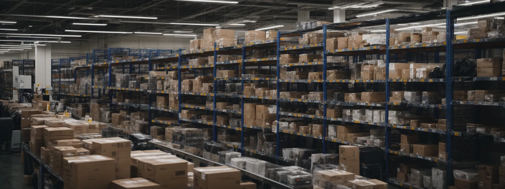 a bustling e-commerce warehouse with neatly organized shelves and a centrally placed computer screen displaying graphs and analytics.