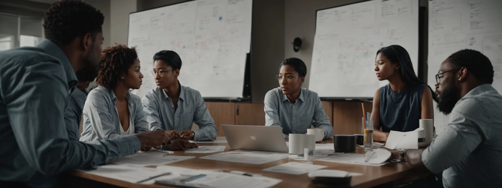 a diverse group of professionals is engaged around a large table, discussing ideas with a whiteboard in the background filled with workflows and diagrams.