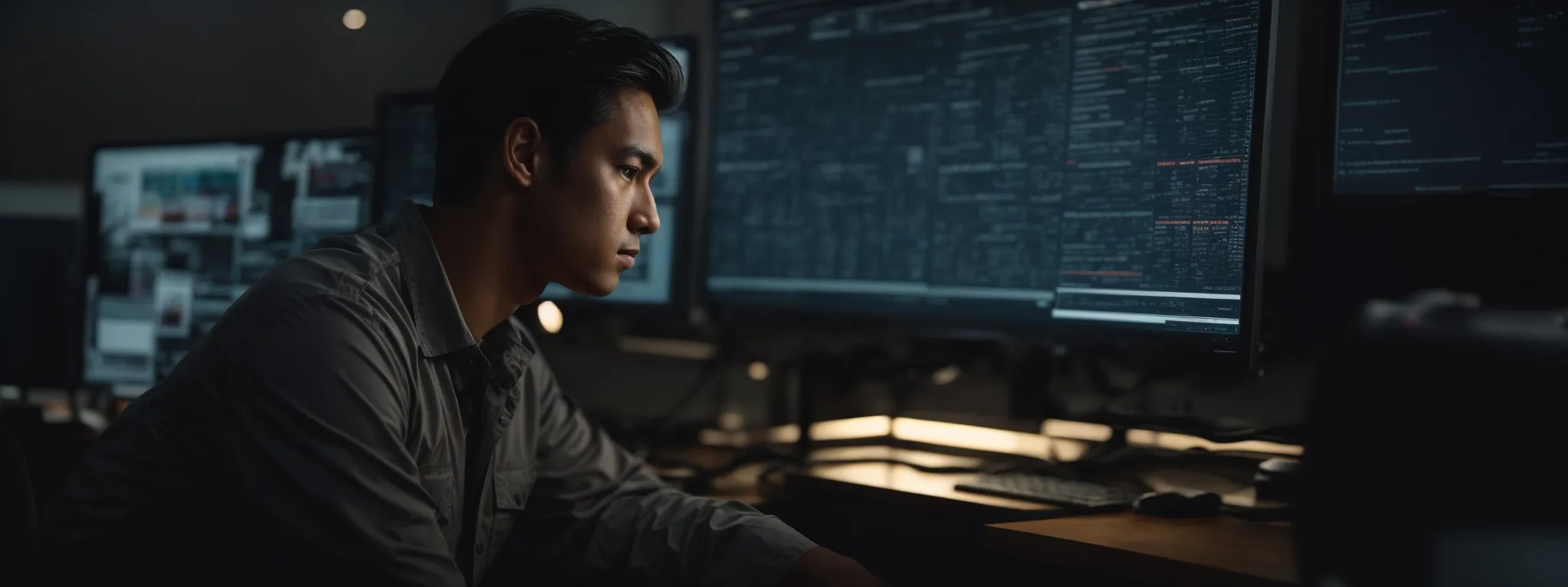 a focused individual gazes intently at a computer screen, adjusting webpage elements amidst a backdrop of digital marketing analytics.