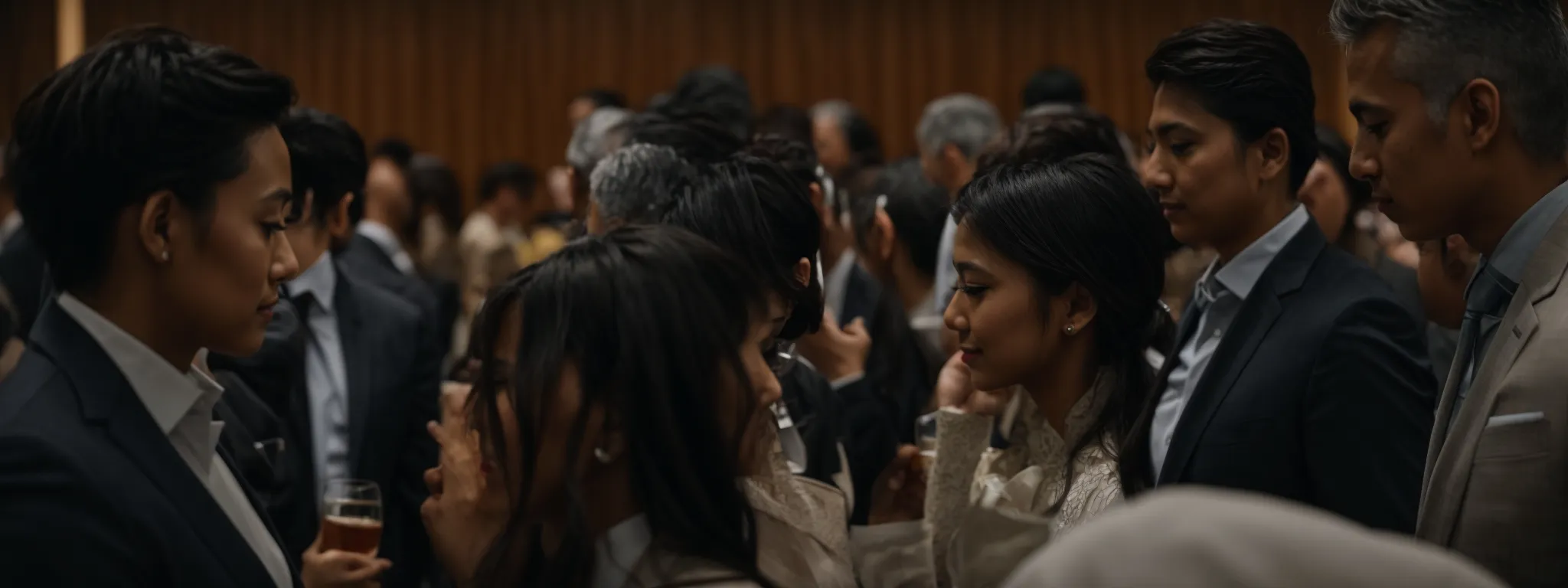 a diverse group of business professionals networking at a conference hall.