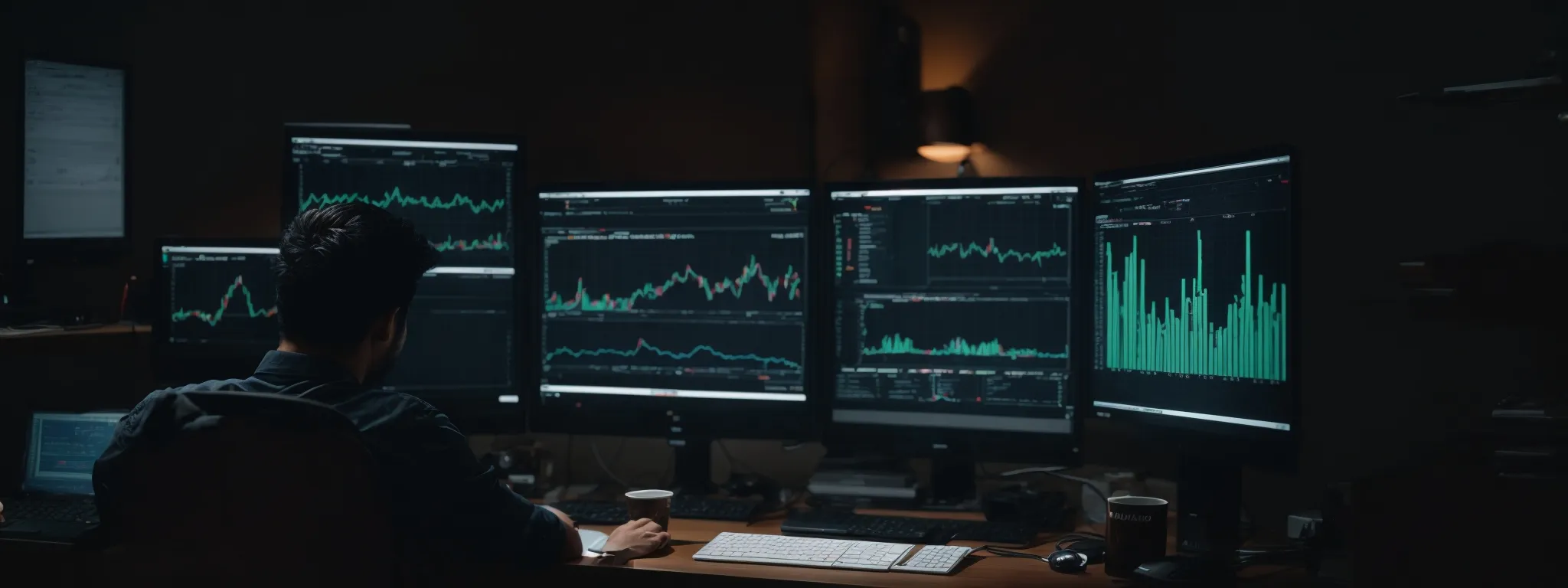 a person sits in front of a computer, analyzing a vibrant dashboard on the screen showing various seo metrics and data visualizations.