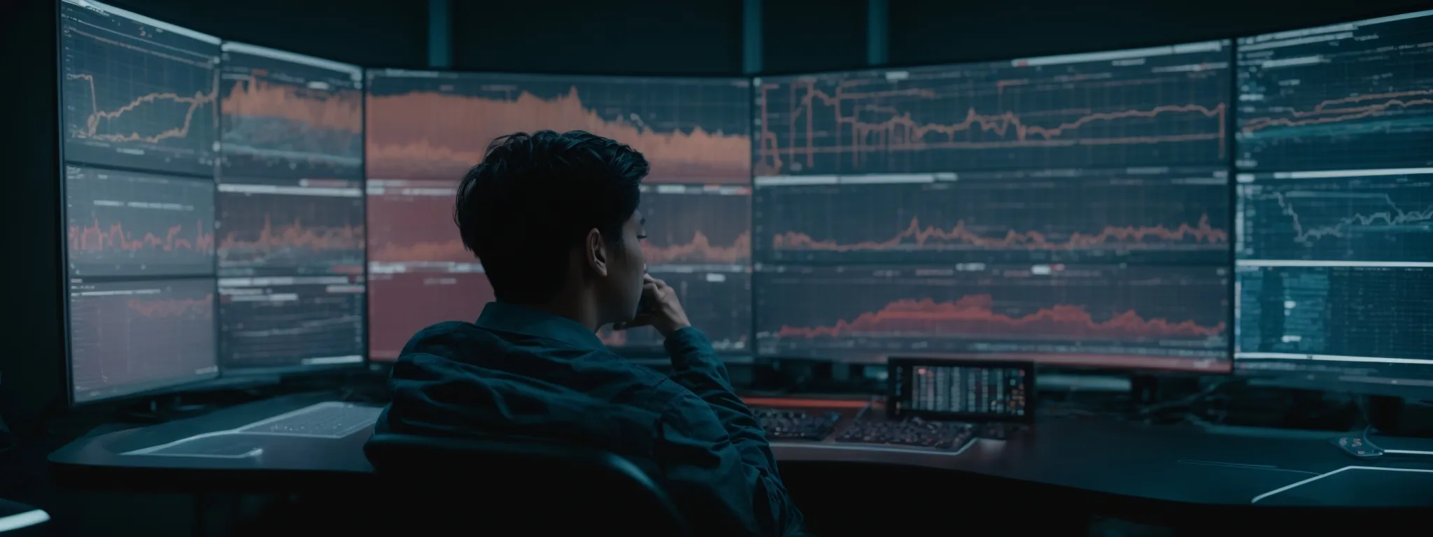 a person sits in front of a futuristic computer interface, analyzing complex seo data visualizations.