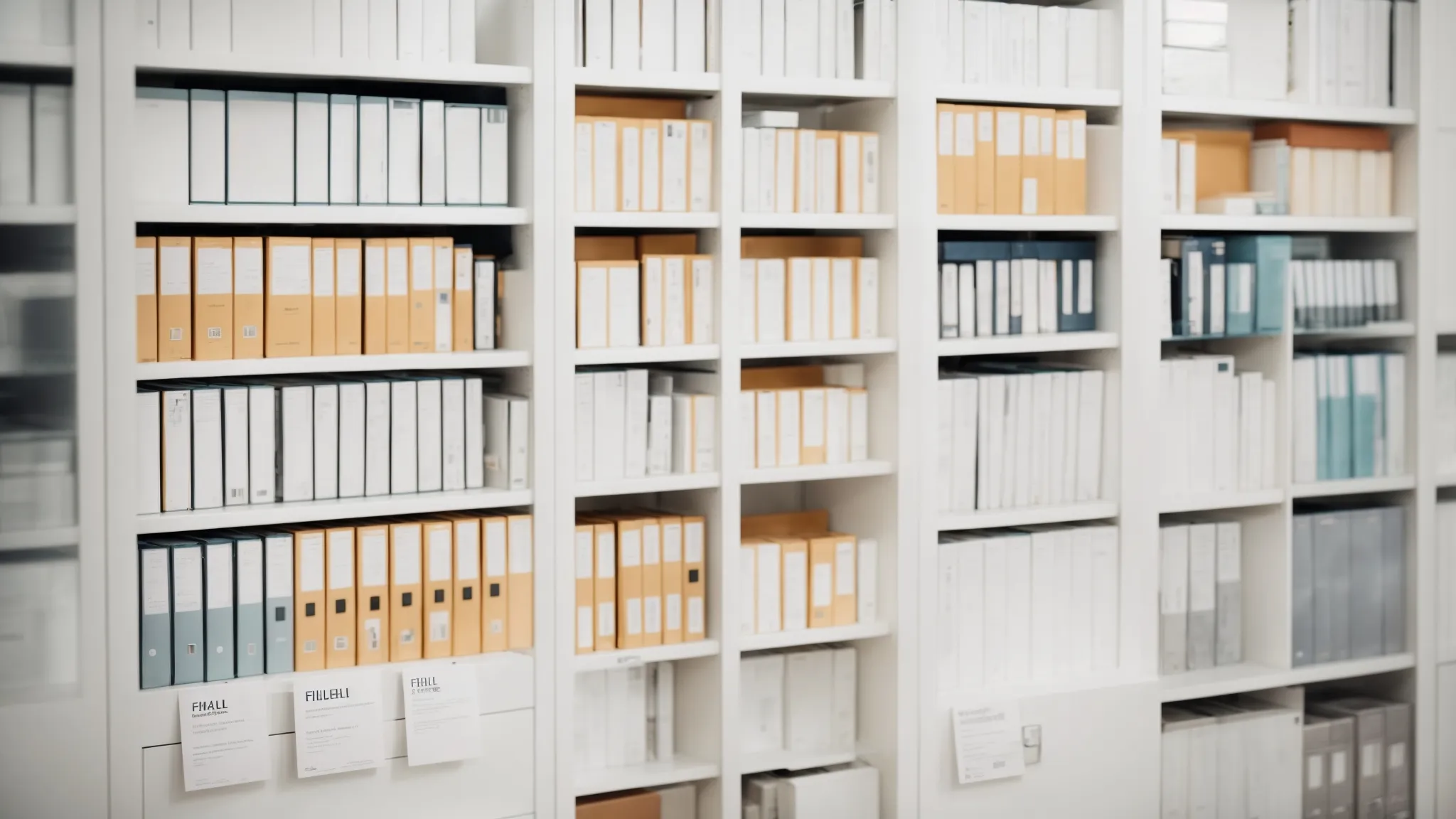 a cluster of office folders neatly labeled and organized on a pristine white shelf.