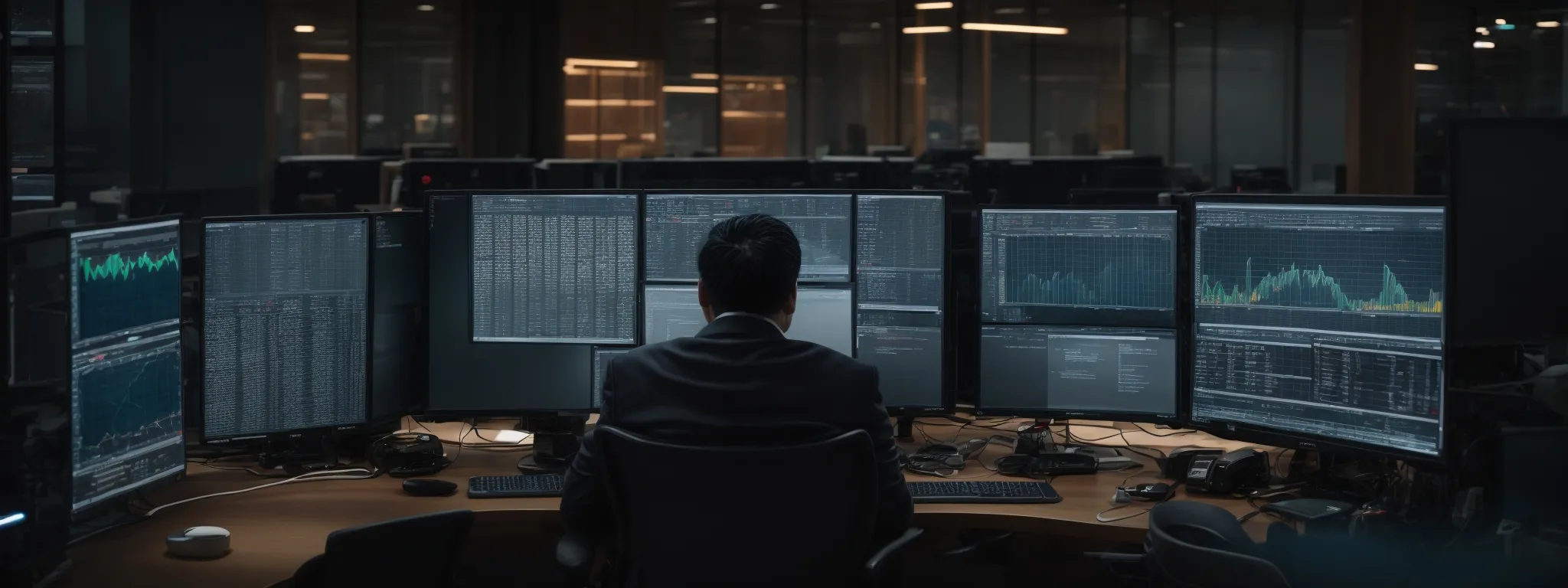 a person sitting at a secured workstation with multiple monitors displaying website analytics and a cybersecurity software interface.