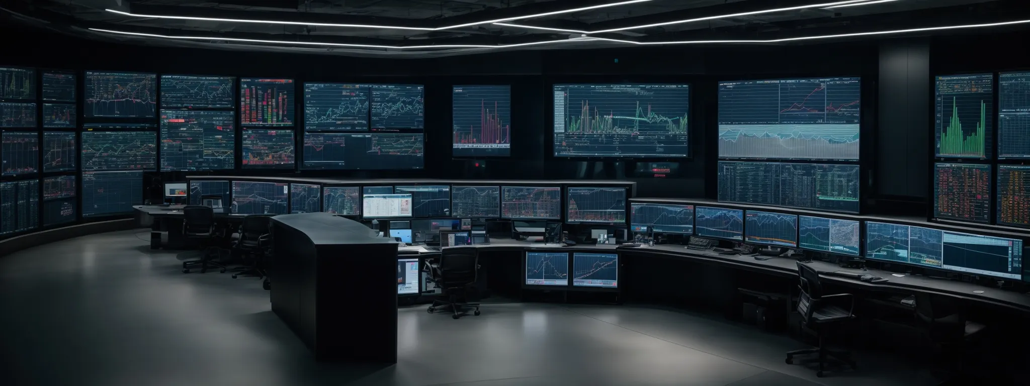 a modern, high-tech control room with large screens displaying complex data analytics and graphs.